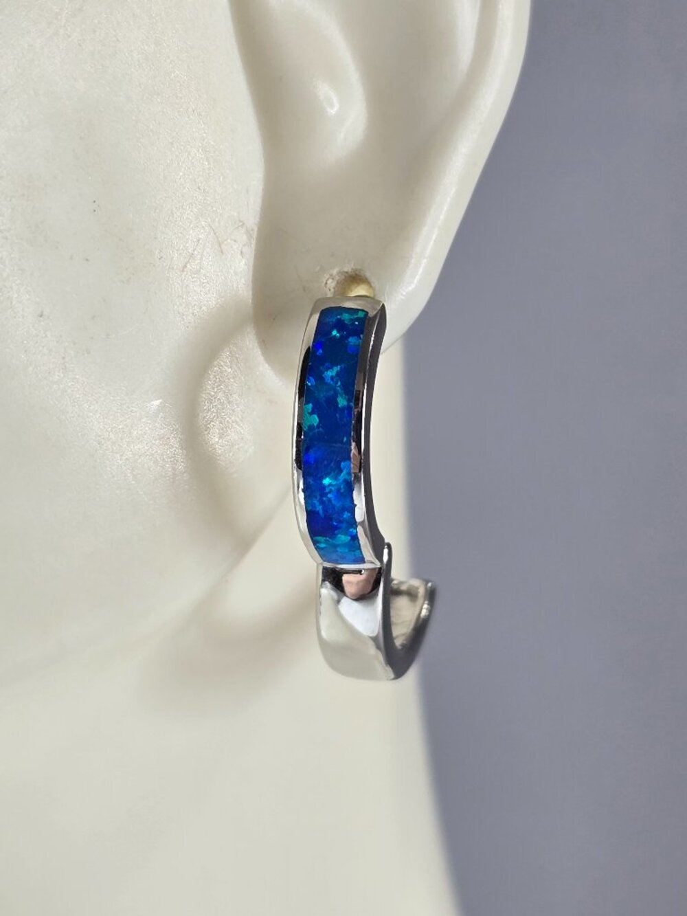 Womens Sterling Silver Modernist Blue Opal Hoop Earrings 5.2g E2320